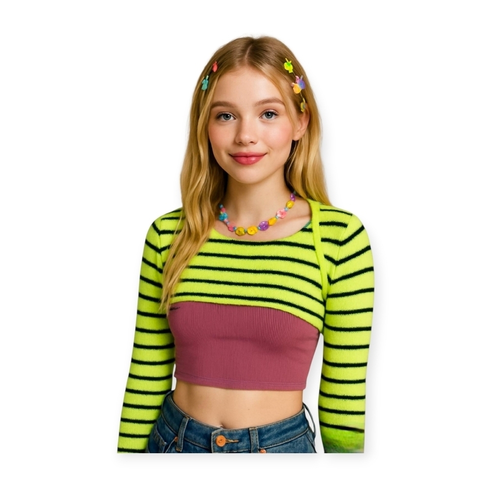 The Wolf Gang Fuzzy Shrug Lime Black Cream Striped Cozy Medium NWT Layering Top